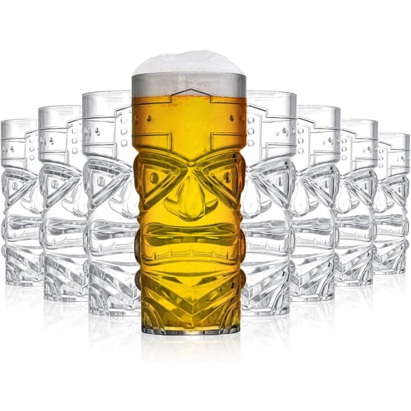 8 Pack Plastic Tiki Cups, 16 Oz Clear Tiki Cocktail Mugs, Trapical Stylish Drinking Tumblers for Modern Bar, Hawaiian Party, Luau Party Supplies