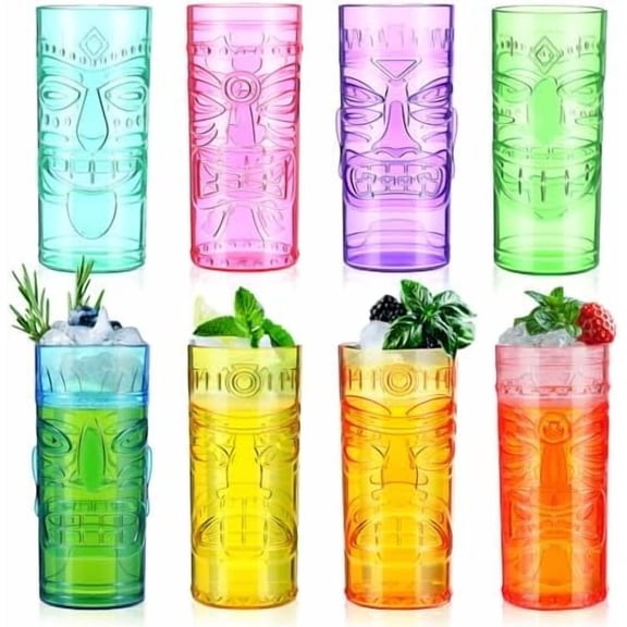 8 Pack Plastic Tiki Cups 26 oz Tiki Bar Mugs for Cocktails Extra Large Luau Party Cups Hawaiian Exotic Cocktails Glasses for Tropical Island Drinks Hawaiian Luau Party Barware
