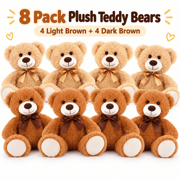 8 Pack Plush Teddy Bears, 4 Light Brown and 4 Dark Brown Stuffed Bears, 13.8 Inch Soft Teddy Bear Set with Ribbon Bows, Bulk Gift Plush Toys for Kids, Parties, Baby Showers, Weddings