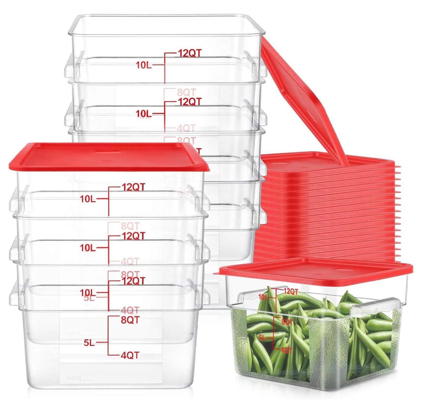 8 Pack Polycarbonate Square Food Storage Container with Red Lids 12 Qt