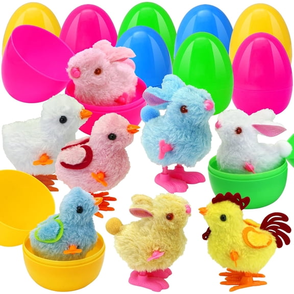 8 Pack Prefilled Easter Eggs with Colorful Wind-Up Jumping Bunnies and Chicks Toys for Novelty Easter Basket Stuffers, Filled Easter Egg for Easter Hunt Party Favors Supplies