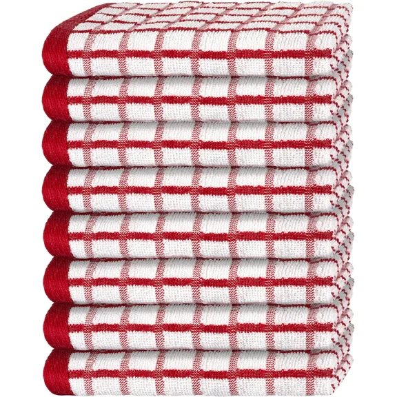 [8 Pack] Premium Dish Towels for Kitchen, with Hanging Loop - Heavy Duty Absorbent 100% Cotton 410 GSM Terry Kitchen Towels, 16x26 (Red)