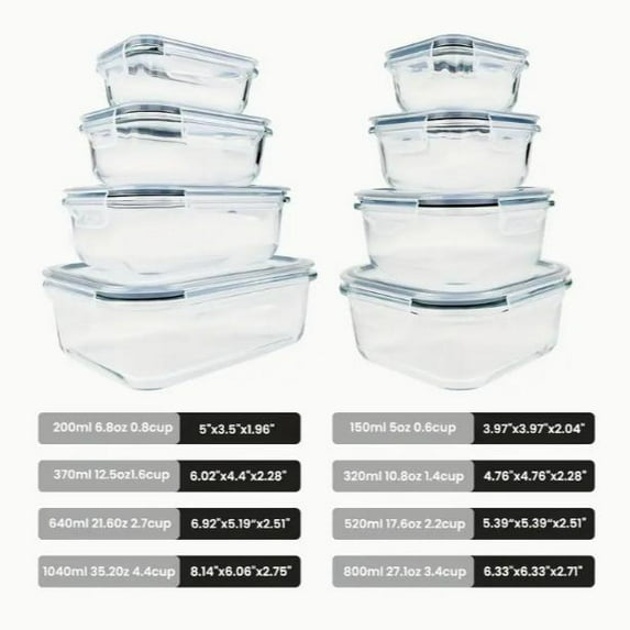 8 Pack Premium Glass Food Storage Containers - Airtight, Leak-Proof, Microwave, Oven, Freezer and Dishwasher Safe - BPA Free, Stain-Resistant, Easy-Clean Design for Meal Prep and Bento Boxes