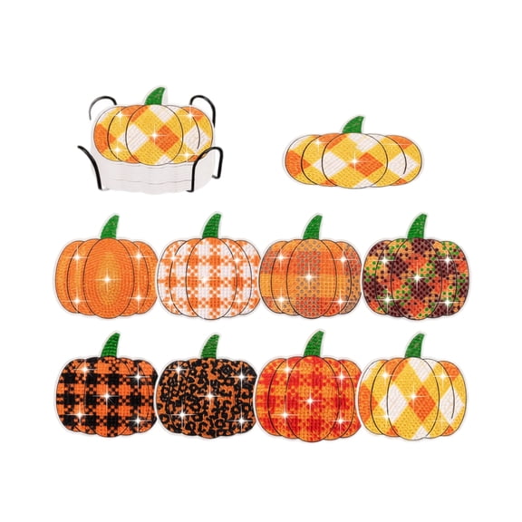 8 Pack Pumpkin Diamond Art Coasters with Holder, DIY Halloween Fall Painting Kit for Adults Beginners, Seasonal Tabletop Craft Gift