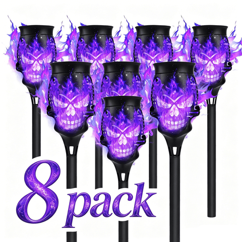 8 Pack Purple Solar Halloween Lights, Solar Torch Lights with Flickering Flame for Garden Decor, Waterproof Outdoor Lighting for Yard Patio Garden