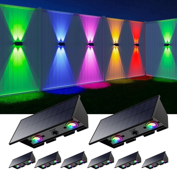 Yinghao 8 Pack RGB Solar Wall Lights Outdoor Color Change Up and Down Fence Mount LED Decorative Waterproof Lamps for Deck, Porch, Yard, House, Patio