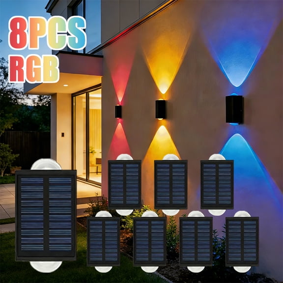 8 Pack RGB Solar Wall Lights Outdoor Waterproof Up and Down Color Changing LED Sconce Lamp for Fence, House, Patio, Porch, Yard, Garden, Garage, Easy to Install for Security and Decorative Lighting