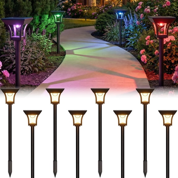 8 Pack RGBCW Solar Pathway Outdoor Lights, 3 Lighting Modes Solar LED Garden Lights, IP65 Waterproof Outside Solar Powered Landscape Lighting for Sidewalk Driveway Backyard RGB/Warm/Cold White