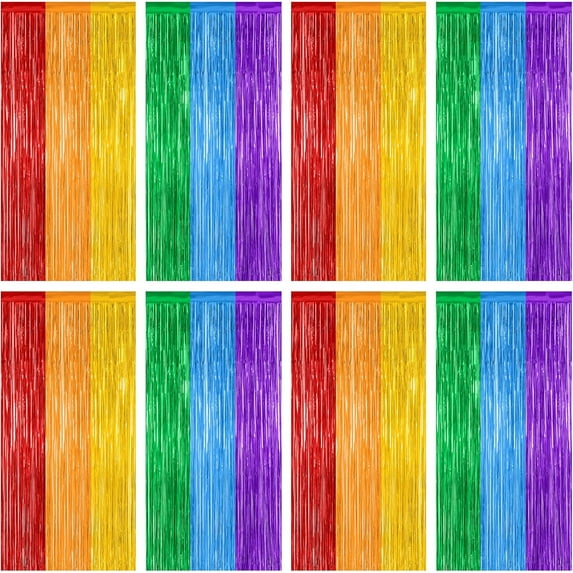 8 Pack Rainbow Backdrop, 3.28 FT x 7.05 FT Backdrop Curtains, Metallic Fringe Curtains Tinsel Bakdrop Party Streamer, Wedding Decor Rainbow Party Decorations Pride Photo Booth Props