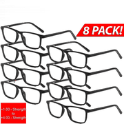 8 Pack Reading Glasses, Unisex Square Frame Readers with PC Frame & AC Lens, Lightweight Magnifying Eyewear for Men & Women