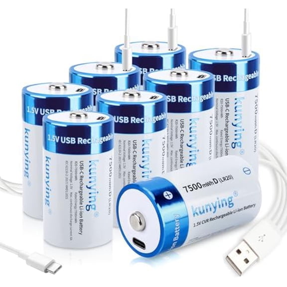 8 Pack Rechargeable Lithium D Cell Batteries,Long-Lasting 1.5V 7500mWh D Size Battery with 4-in-1 USB Charging Cable,Rechargeable D Batteries for Flashlights$$