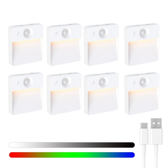 8 Pack Rechargeable Motion Sensor Stair Light for Indoor, RGBW Battery Operated Closet Lights, Stick On Night Lamp, Motion Activated Magnetic Lighting Lamps for Step,Cabinet,Hallway,Bathroom