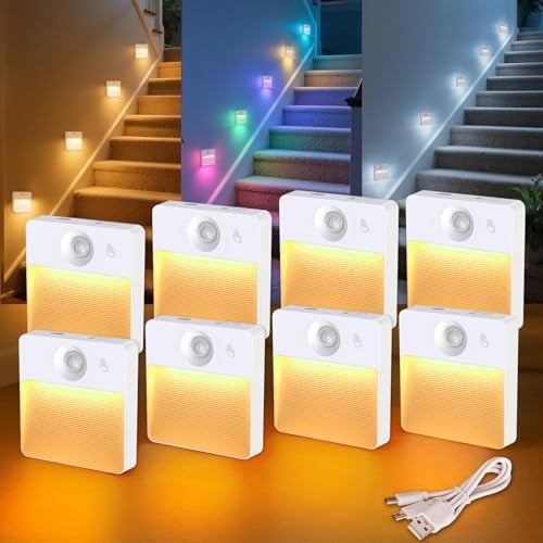 8 Pack Rechargeable Motion Sensor Stair Light for Indoor, RGBW Battery Operated Closet Lights, Stick On Night Lamp, Motion Activated Magnetic Lighting Lamps for Step,Cabinet,Hallway,Bathroom