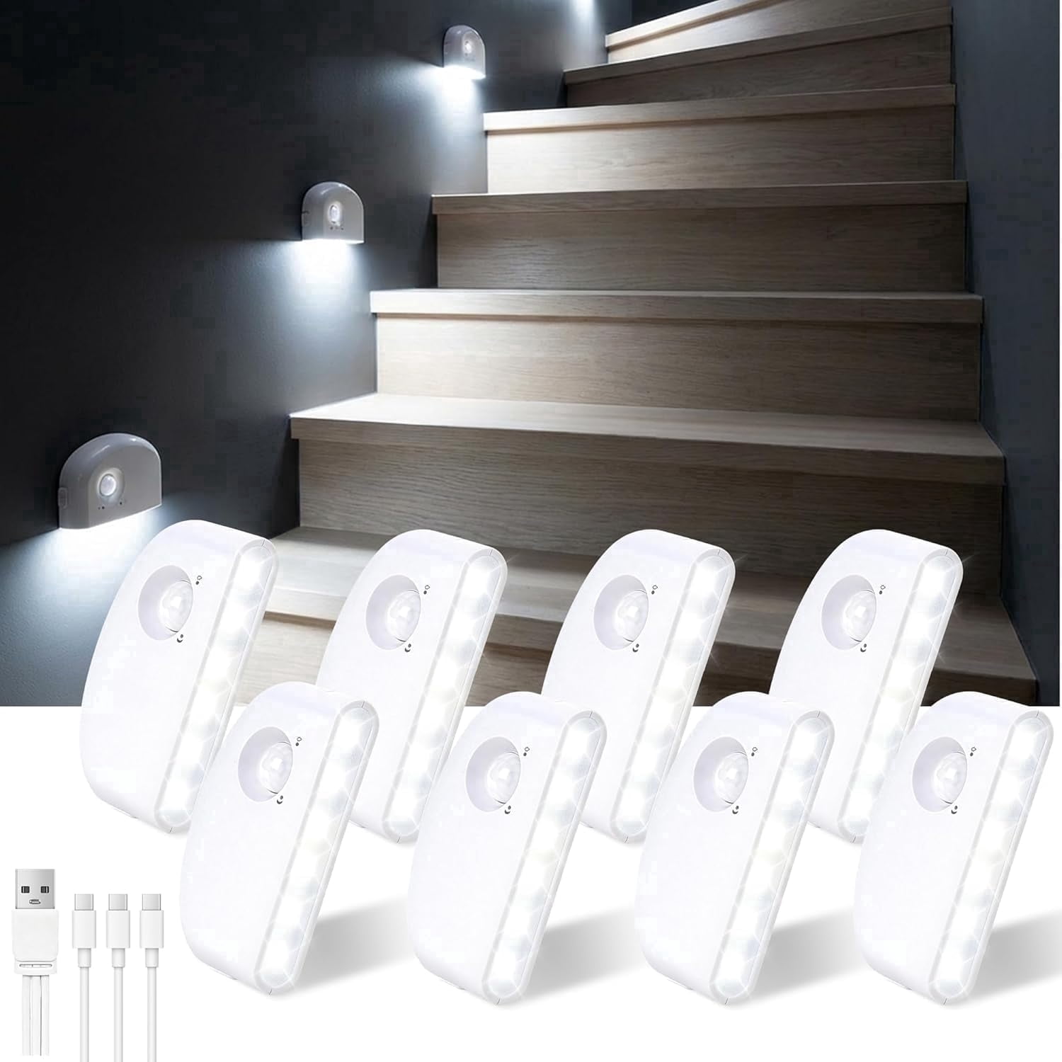 8 Pack Rechargeable Motion Sensor Stair Lights Indoor, Motion Activated Night Light Led Battery Powered Portable Automatic Wireless Stick On Lamp for Step Hallway Closet Under Cabinet