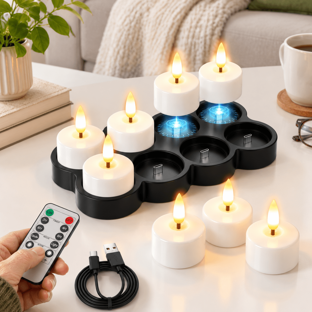 Packing Processed Tea 8 Pack Rechargeable Tea Candles with Remote Timer and Charging Base ...