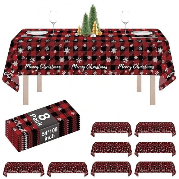 8 Pack Red Checkered Snowflake Plastic Tablecloth 54x108 Inch Rectangular Disposable Table Cover For Holiday Parties