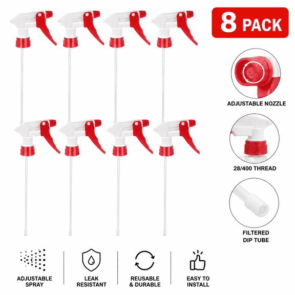8-Pack Red Trigger Sprayer Replacement Heads with Dip Tubes for 500ml Bottles, Adjustable Mist & Stream Nozzle (No Bottle Included)