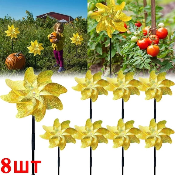 8 Pack Reflective Pinwheels with Stakes,20Inch Extra Sparkly Pin Wheel for Garden Decor, Bird Repellent Devices Deterrent to Scare Birds Away from Yard Patio Farm, Golden