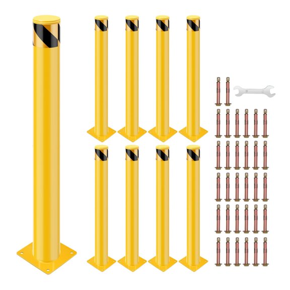 8 Pack Removable Safety Bollards, 42In Hx4.5 Inch Diameter Steel Pipe Safety Bollard Post, Yellow Steel Bollard with Anchor Bolts, for Traffic-Sensitive Area, Indoor/Outdoor Traffic Control