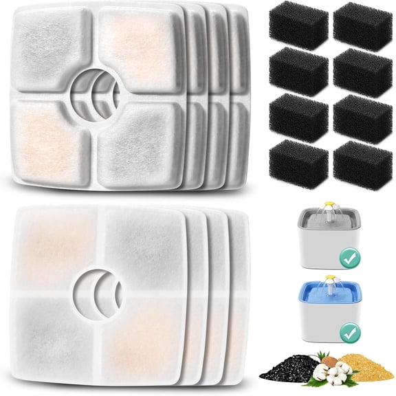 8 Pack Replacement Filters & 8 Pack Pre-filter Sponges for 84oz/2.5L Automatic Pet Fountain, Kospetsin Cat Water Fountain Filter, Triple Filtration Pet Fountain Replacement Filters