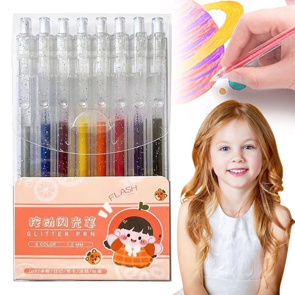 8 Pack Retractable Glitter Gel Pens, Click Action Sparkle Gel Pens, Shimmer Ink Pens for Art, Crafts & Journaling