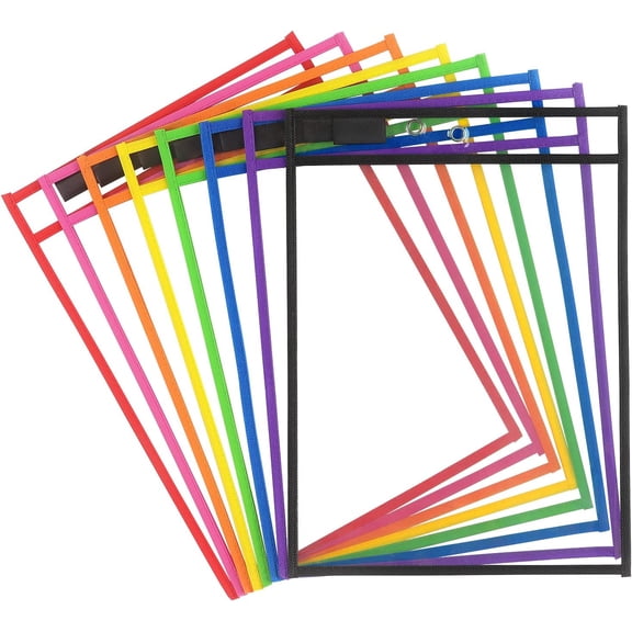 8 Pack Reusable Dry Erase Pocket Sleeves, 10 x 14 Ticket Holders | Clear Plastic Sheet Protectors with Rings for Teacher Classroom Supplies, 8 Assorted Colors