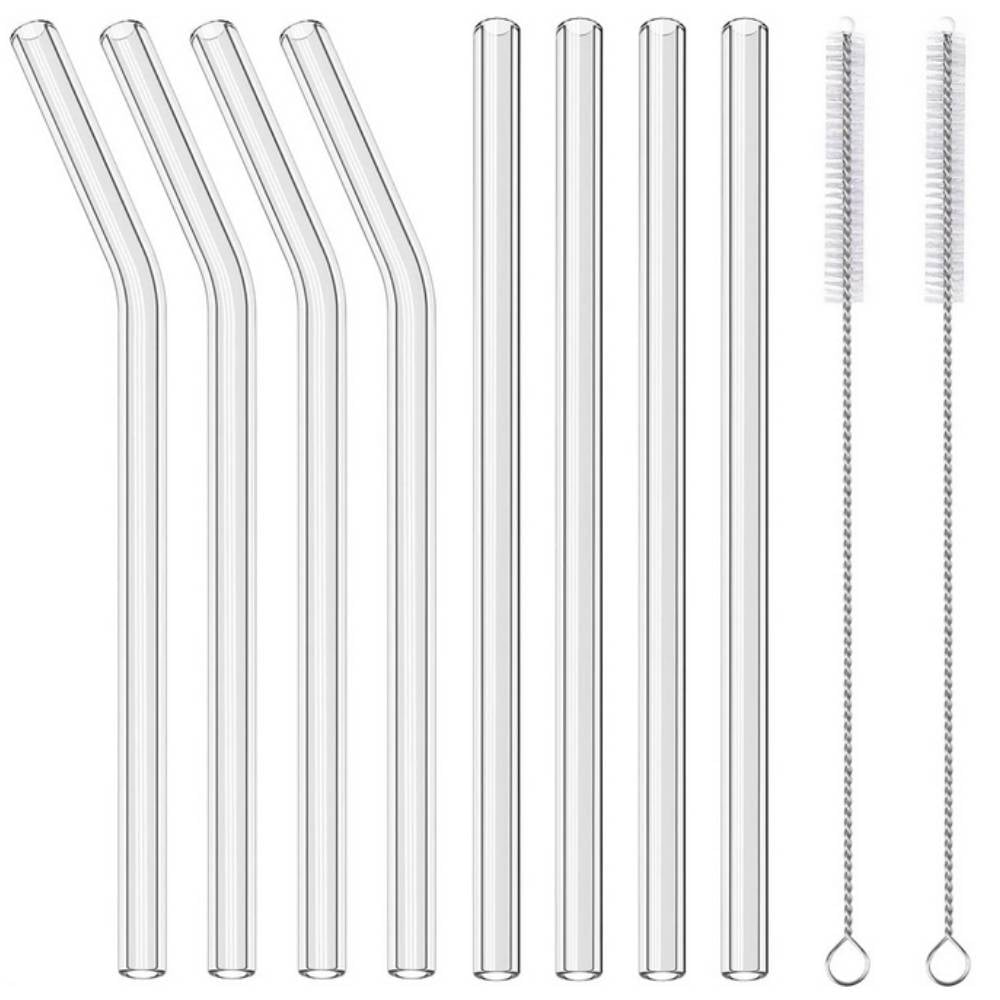 8 Pack Reusable Glass Straws, Clear Drinking Straws with 2 Cleaning Brushes Portable Glass