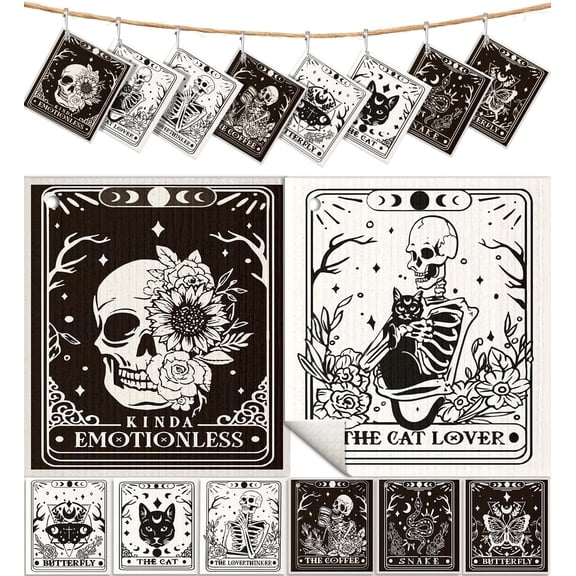 8 Pack Reusable Kitchen Dishcloths - Absorbent, Fast Drying, Washable Swedish Towels with Cute Black Skull Design