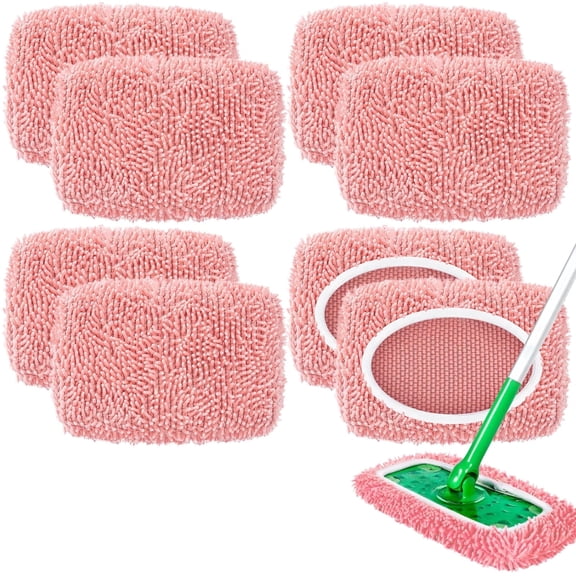 8 Pack Reusable Mop Pads, Microfiber Chenille Washable Mop Pads for Standard Size Sweeping Mops, Dry & Wet Mopping Cloths (Pink)