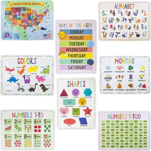 8-Pack Reversible Classroom Wall Posters 22" x 17" - Learn The Alphabet, Colors, Days, Months, Numbers, Shapes, & USA Map - Educational Posters by