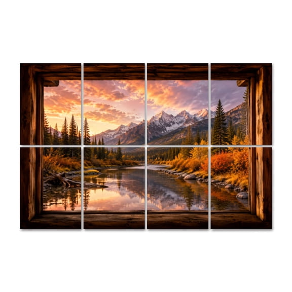 8 Pack Rocky Mountain Sunset Art Acoustic Panels Self-Adhesive Fake Window National Park Decorative Sound Absorbing Wall Panels, Sound Panels for Recording Studio Living Room 48"x32"