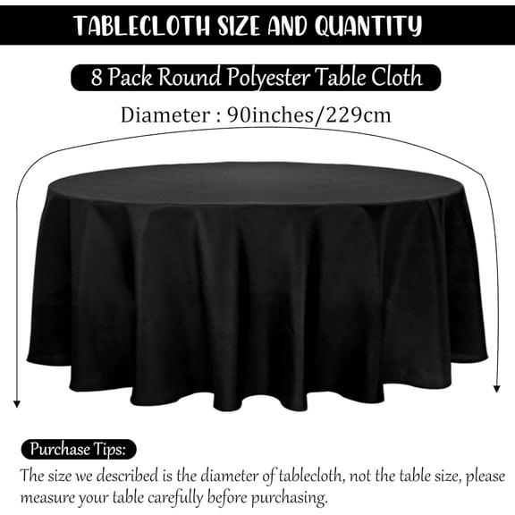 8 Pack Round Tablecloth 90 Inch Round Table Covers Bulk Washable Polyester Fabric Round Table Clothes for Wedding Party Reception Banquet Buffet Restaurant (Black, 90 Inch)