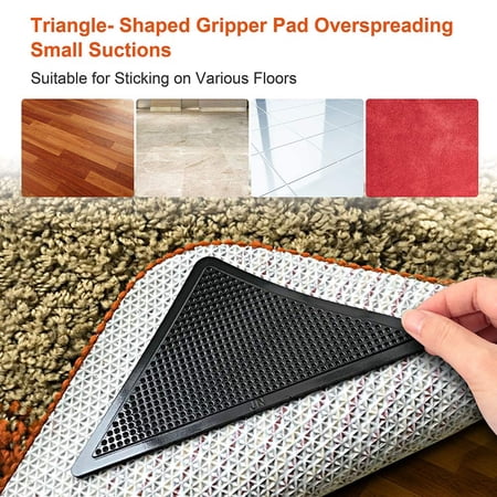 8 Pack Rug Grippers, Reusable Triangle Double Sided Adhesive Anti-Skid Non Slip Anti Curling Rug Pad Carpet Tape For Kitchen Bathroom(Black)
