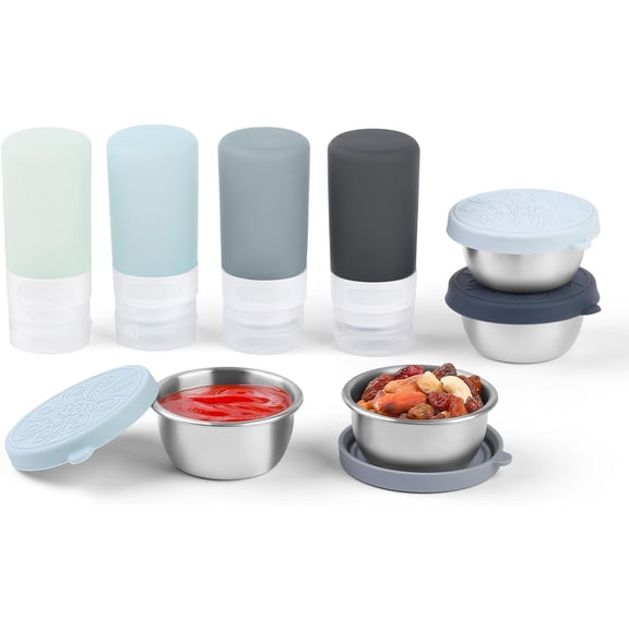 8-Pack Salad Dressing Container To Go, 2-oz Silicone Small Condiment Squeeze Bottles and 1.6 oz Stainless Steel Sauce Containers Cups, Leakproof Condiment Containers with Lids for Lunch Box