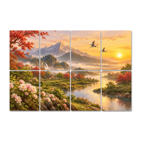 8 Pack Serene Mountain Landscape Art Acoustic Panels Self-Adhesive Sunset Colorful Foliage Tranquil River Decorative Sound Absorbing Wall Panels, Sound Panels for Recording Studio Living Room 48"x32"
