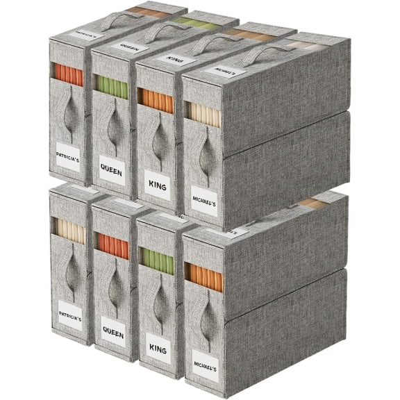 8-Pack Sheet Organizers with Handles, Foldable Linen Storage for King & Queen Sheet Sets, Clear Window & Labels, Space-Saving Design, Gray