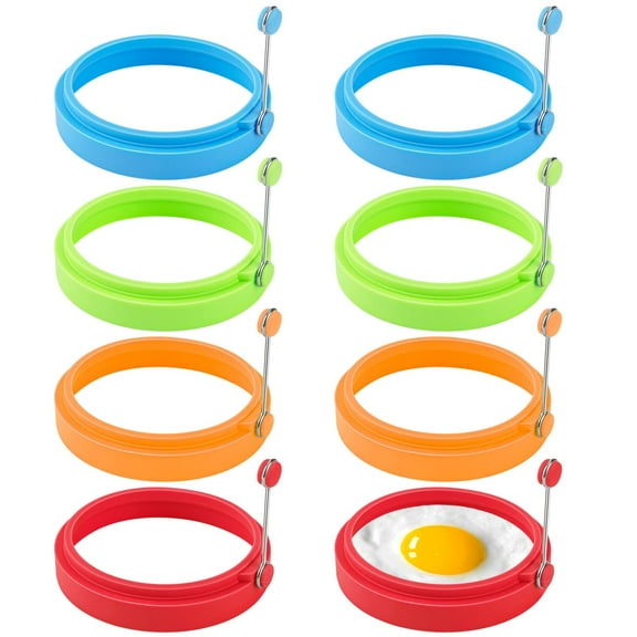 8 Pack Silicone Round Egg Cooking Rings,Non-Stick Frying Egg Maker Molds,4inch/10cm,Red,Blue,Green,Orange,Stainless Steel,Easy To Use,Dishwasher Safe,Hand Tools Kits
