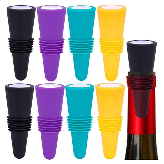 8-Pack Silicone & Stainless Steel Wine Bottle Stoppers, Airtight Reusable Sealer for Red White Wine Champagne, Preserves Freshness for Days, Assorted Colors, By Harlik