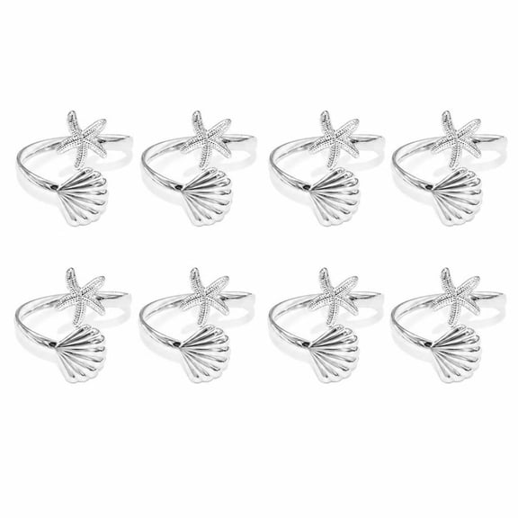 8 Pack Silver Starfish Seashell Napkin Rings, Adjustable Open Metal Napkin Buckles, Coastal Beach Table Decor for Summer Parties, Hotel & Banquet