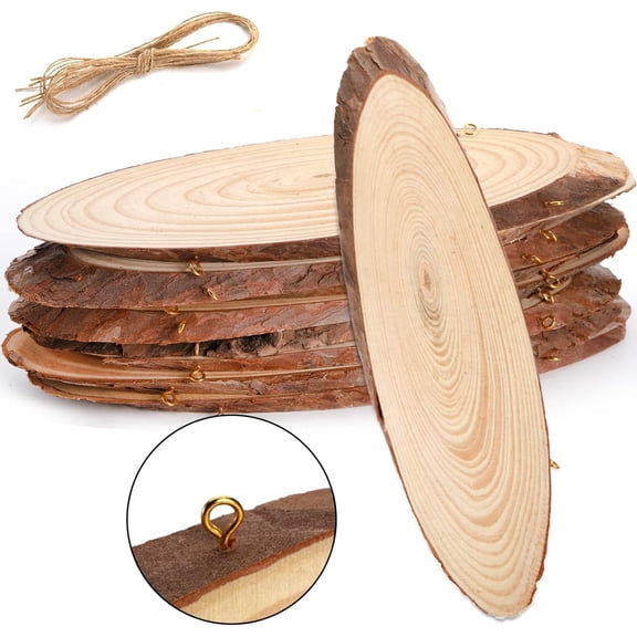 8 Pack Slices, Unfinished Crafts with Bark, Tree Slice Wooden Sign with Small Eye Ring, Slab Plaque Plank for Centerpiece, DIY, Painting, Ornament, 9-11"L x 3-4"W, Oval