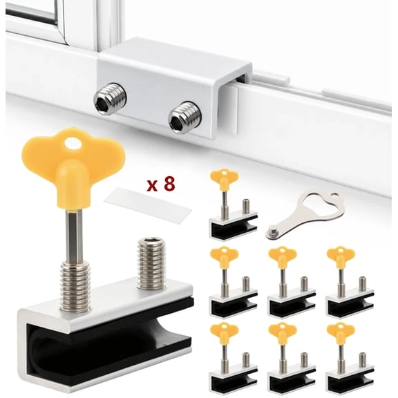 8 Pack Sliding Window Locks with Key, Adjustable No-Drill Window Stopper for Horizontal up&Down Sliding Home & Office,Silver