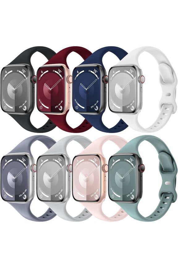 8 Pack Slim Thin Bands Compatible with Apple Watch 38mm 40mm 41mm 42mm 44mm 45mm 49mm, Replacement Soft Silicone Sport Strap Wristbands for iWatch Series Ultra/Ultra 2 9/8/7/6/5/4/3/2/1 SE Women Men