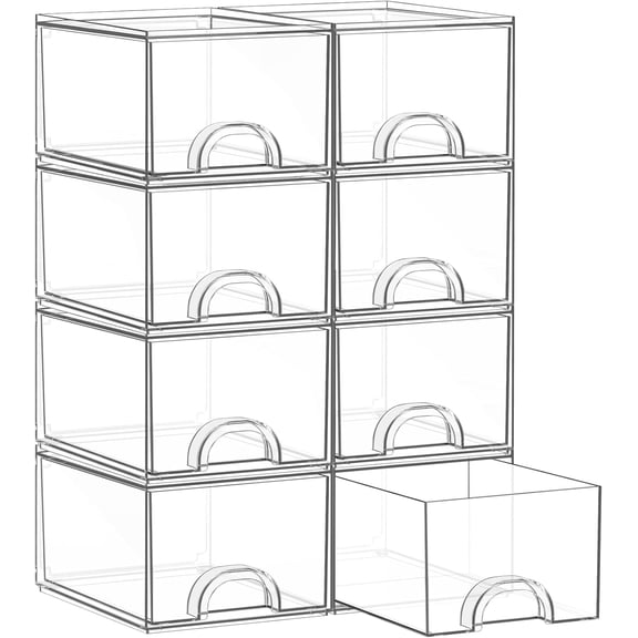 8 Pack Small Clear Stackable Acrylic Storage Boxes for Art Tool & Sketch, Storage Drawers, Storage Organizer, Clear Plastic Makeup Organizer, Ideal for Vanity, Cabinet, Desk Organization
