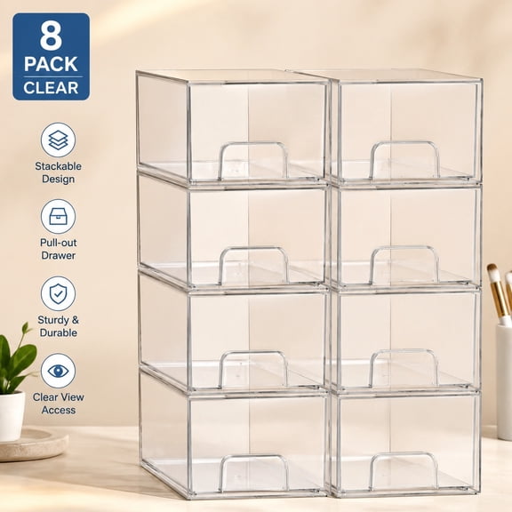 8 Pack Small Clear Stackable Acrylic Storage Drawers, Makeup Organizer Bins for Bathroom, Vanity, Kitchen Cabinets, Pantry, Home Organization