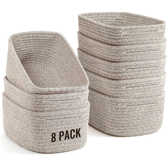 8 Pack Small Storage Baskets for Organizing, Woven Rope Bins for Bathroom, Closet, Shelf Organizer, 11.5"x7.5"x4.7"
