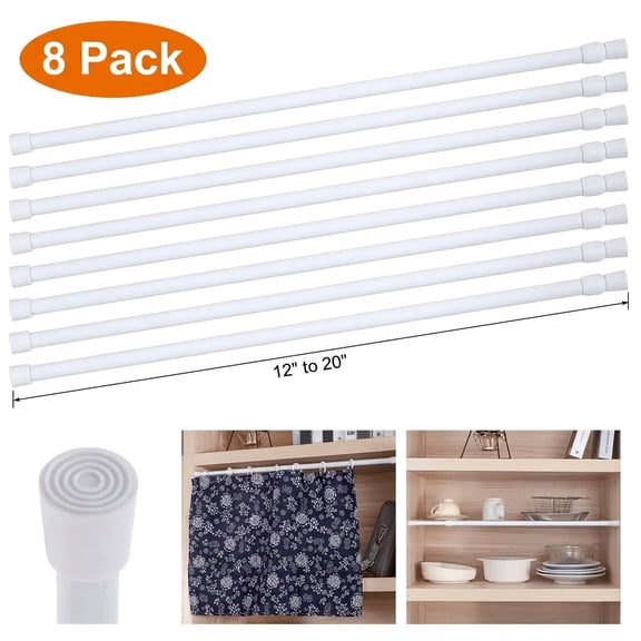 8-Pack Small Tension Rods 11.8-19.7 Inch - Spring Loaded No-Drill Curtain Rods For RV Camper Windows, Kitchen, Closet, Cabinet, White