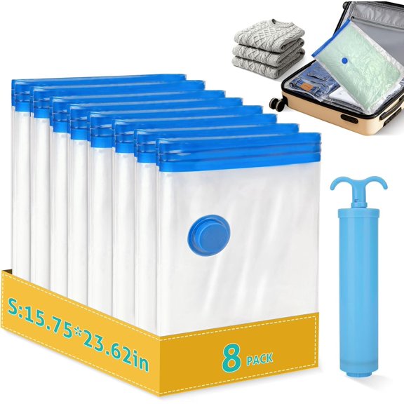 8 Pack Small Travel Vacuum Storage Bags, Portable Vacuum Seal Bags for Clothing Travel with Pump, Space Saver Bag for Luggage Suitcases Clothes Bedding Seasonal Storage