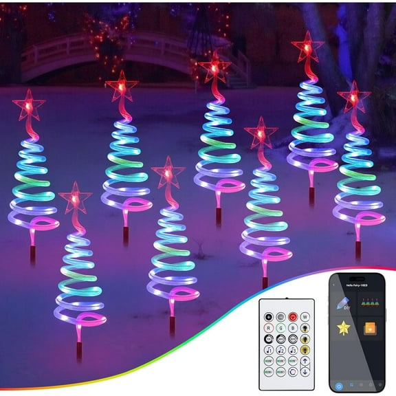 8 Pack Smart Outdoor Christmas Spiral Tree Landscape Pathway Lights, APP Control Multicolor LED Lights with RGB DIY, Music, Timer, Waterproof Holiday Decorations Lights for Pathway, Yard, Garden
