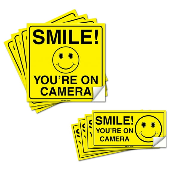 (8 Pack) Smile You're On Camera Stickers Bundle (4) 6"x6" & (4) 2"x4" Durable Self Adhesive 4 Mil Vinyl - Laminated - Fade & Scratch Resistant - Waterproof - Private Property No Trespassing Signs