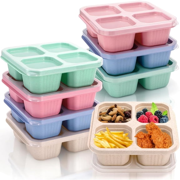 8 Pack Snack Lunch Box, 4 Compartment Meal Prep Containers, Reusable Divided Food Storage Container Stackable with Lids for Kids Adults, Microwave Safe for School Work Travel, 4 Colors
